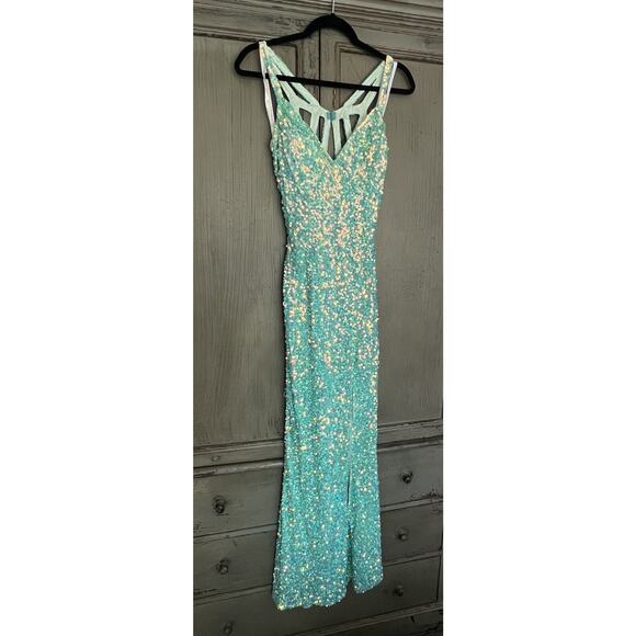 Primavera Sequin Aqua Green dress Prom Full Length size 2 maxi evening gown - Picture 3 of 11